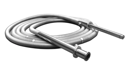 Coiled flexible vacuum insulated hose with end fittings